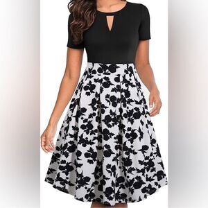 YATHON Women's Vintage Floral Flared A-Line Casual Party Dress NWT Black White